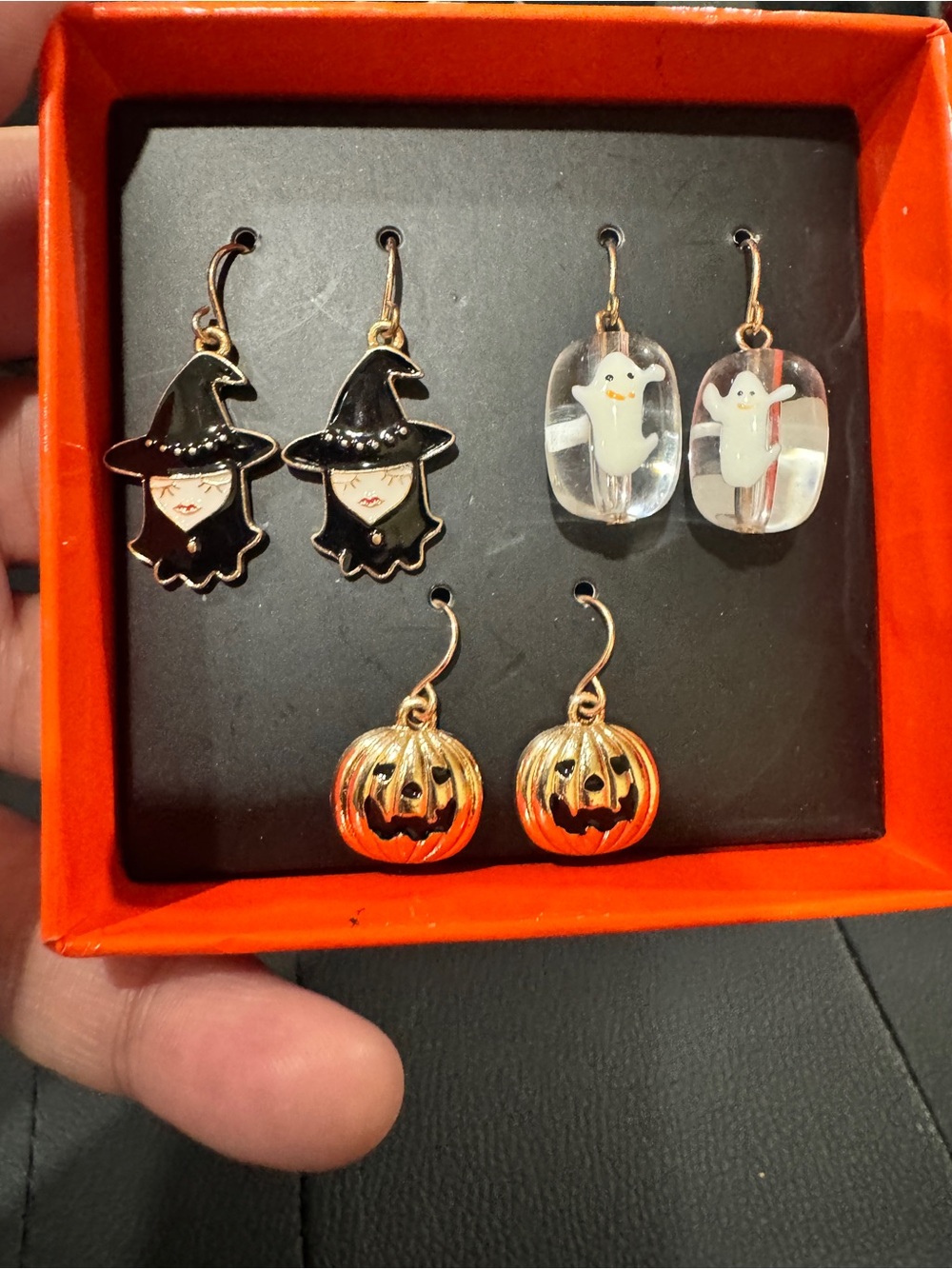 Halloween Earring Set - Black Witch, White Ghost & Gold Pumpkin Earrings - Picture 2 of 9